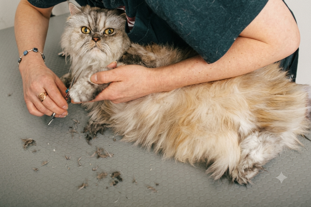 A long-haired cat being gently groomed on a table.