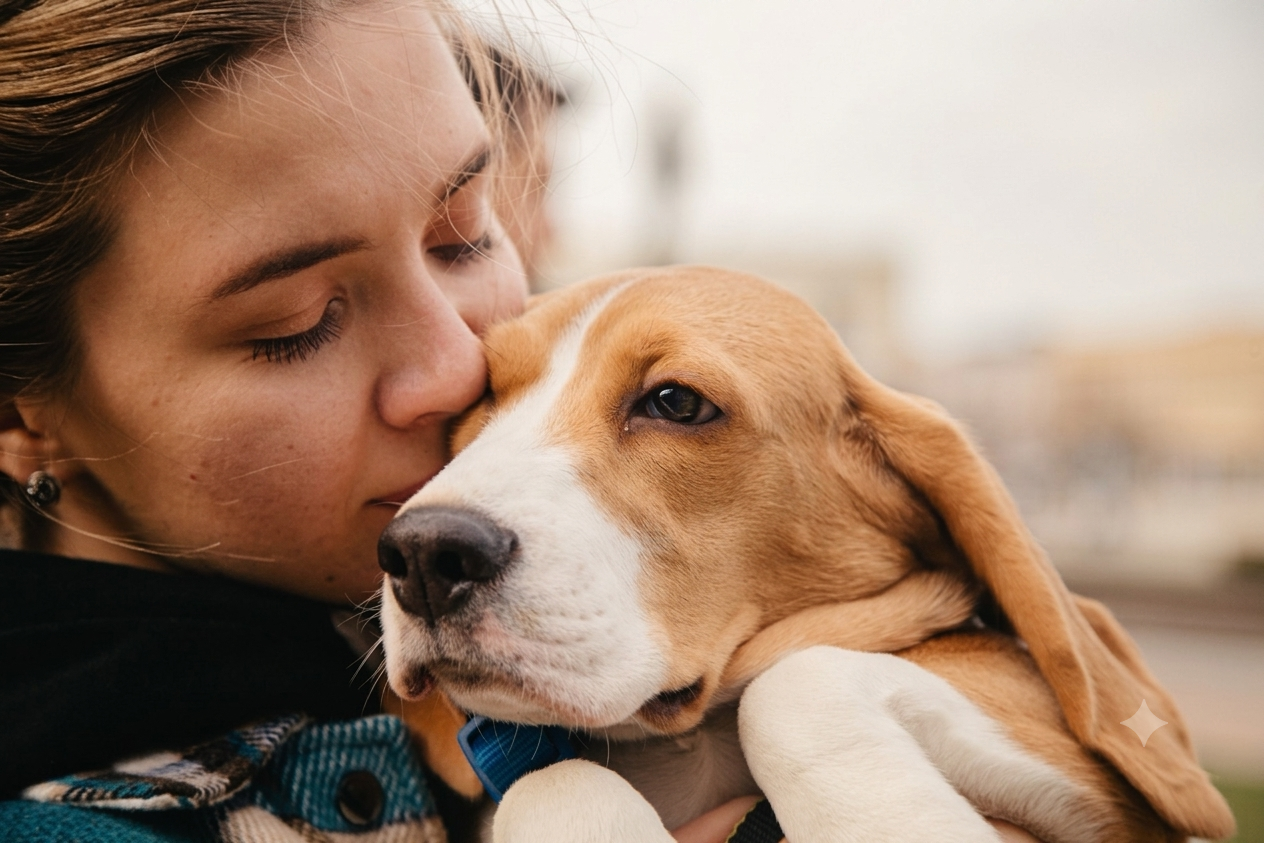 A woman cuddling a beagle.