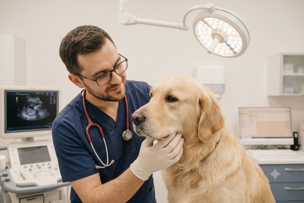 A vet examining a golden retriever in a bright clinic.