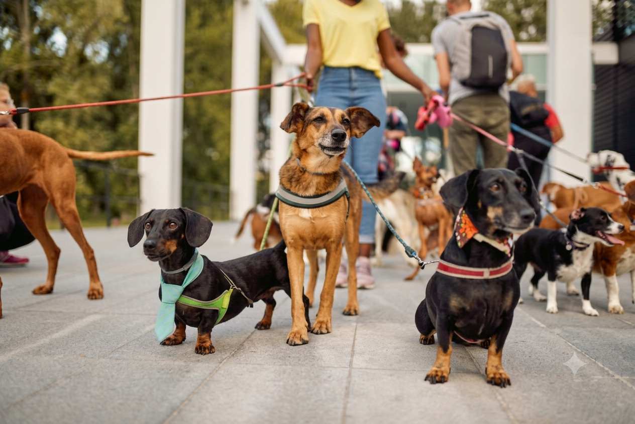 A group dog walking scene with several dogs on leads outdoors.